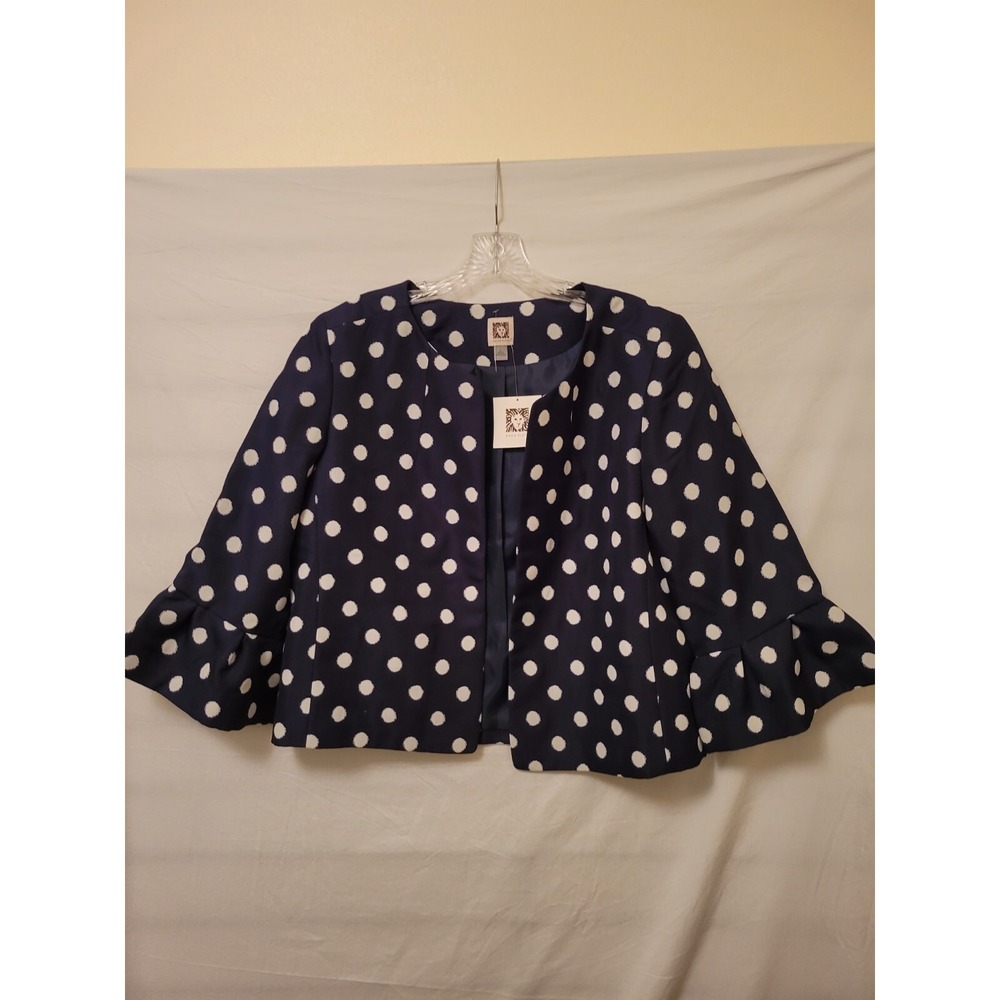 Anne Klein Sz Large Jacket Cropped Polka Dot Navy/White Ruffle 3/4 Sleeve NWT E3